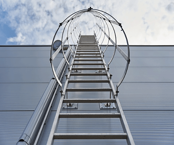 Fixed access ladder on the side of an industrial building for safe access to a roof